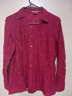 Jessica London Deep Red Lace Button-Down Blouse Size 14 A-19